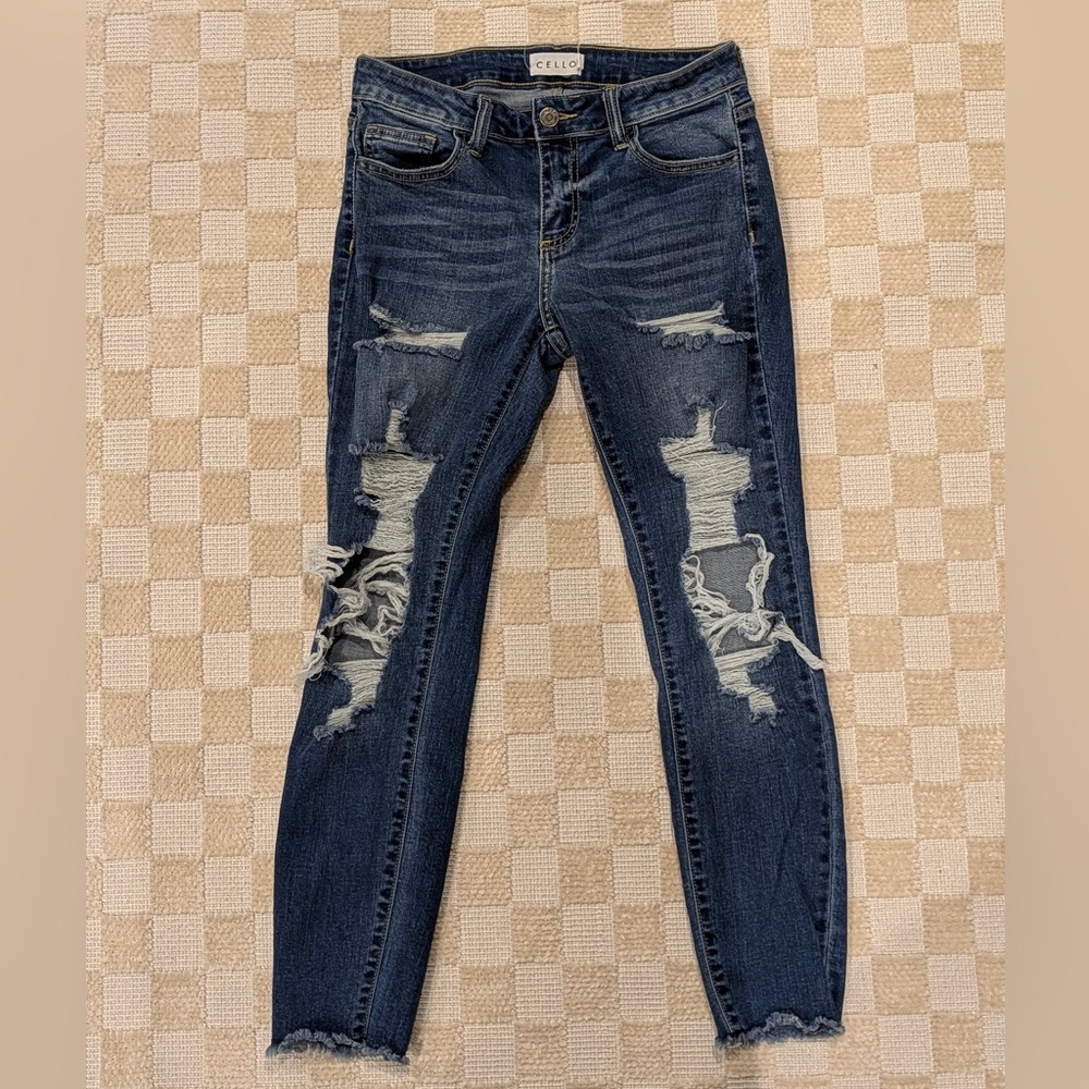 Cello Women's Distressed Dark Blue Skinny Jeans